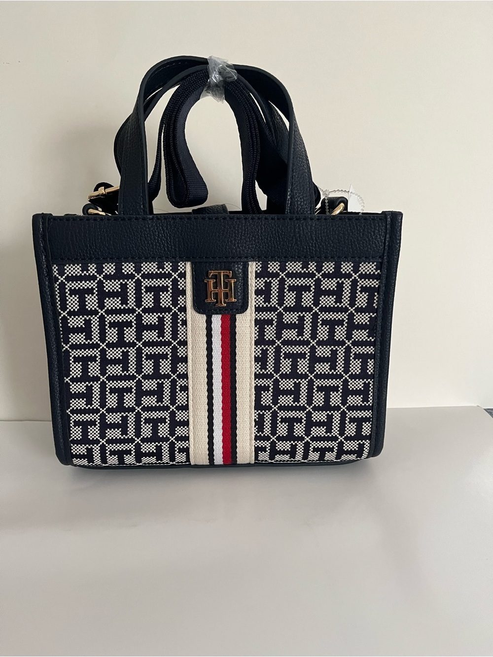 Tommy Hilfiger Navy Canvas Satchel with Red-White Stripe